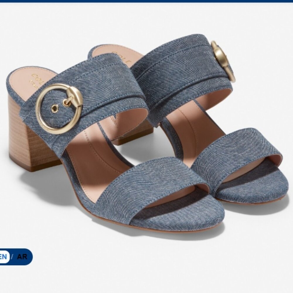COLE HAAN Alina City Mule Block Heeled Blue Chambray Sandal Gold Buckle 8.5 9